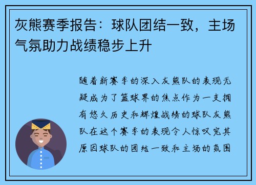 灰熊赛季报告：球队团结一致，主场气氛助力战绩稳步上升